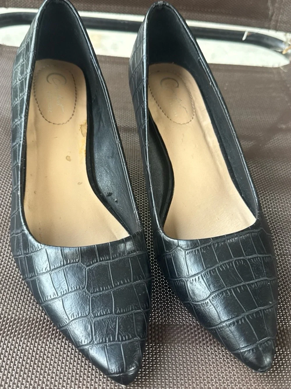 comfort Black Croc-Embossed Pointed Toe Flats - Slip-On